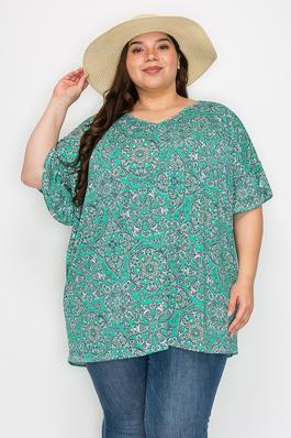 Extra Plus Size V-neck Ruffle Sleeves Multi Print Top
