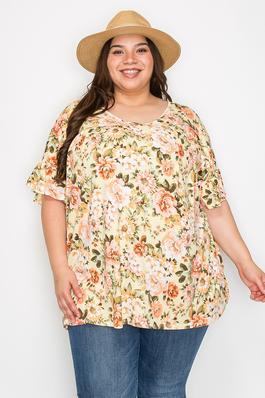 Extra Plus Size V-neck Ruffle Sleeves Flower Print Top