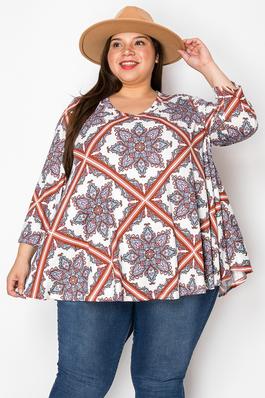 EXTRA PLUS SIZE 3QTR SLEEVES V NECK MULTI PRINT TUNIC TOP