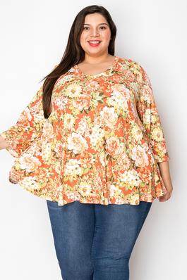 EXTRA PLUS SIZE 3QTR SLEEVES V NECK FLOWER PRINT TUNIC TOP