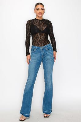 LACE LONG SLEEVE SHEERED ROUND NECK BODY SUIT
