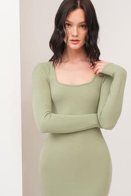 SQUER NECK LONG RIBBED DRESS