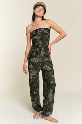 CAMO/FLORAL PRINT TUBE JUMPSUIT WITH POCKETS