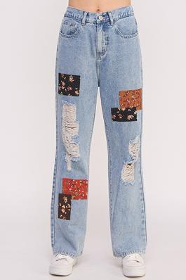 HIGH WAIST FLORAL PATCH DISTRESSED STRAIGHT LEG