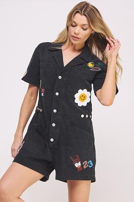 WASHED SHORT SLV BUTTON DOWN ROMPER W/ PATCHES