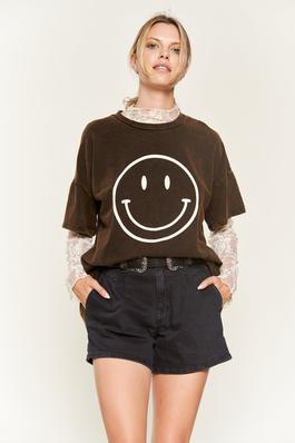 Smile face print washed T-shirts KRT1790-1