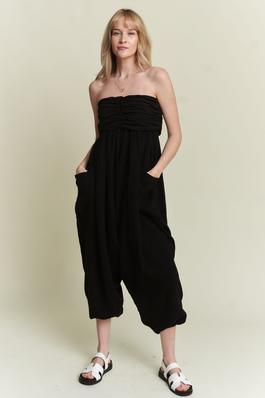 STRAPLESS TEXTURED FABRIC CROPPED TUBE JUMPSUIT