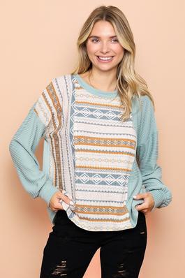 drop shoulder print contrast knit top
