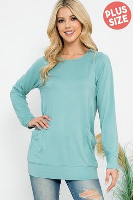 plus size solid long sleeve top with banded hem