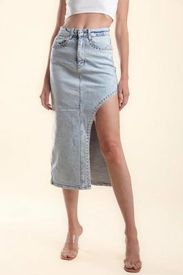 studed denim midi skirt with carved out detail