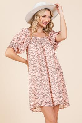 square neck floral woven mini dress with smocking