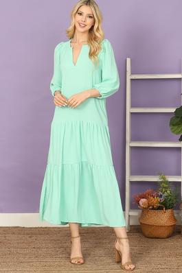 notched neck solid tiered maxi dress