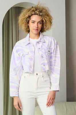 swirling print cotton twill cropped jacket