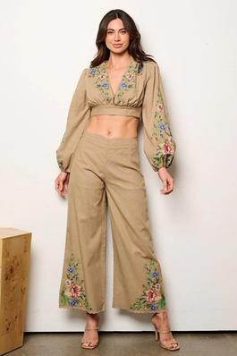 embroidered linen blend top n pants set