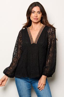 lace v neck blouse with embroidery trim accent