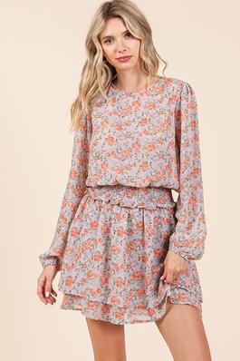 long sleeve floral mini dress with smocking