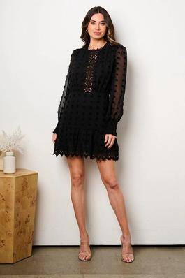 swiss dot mini dress with crochet detail