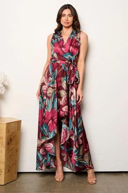 surplice high low floral maxi dress
