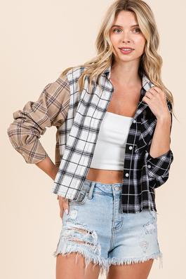 button down color block plaid shirt with raw hem