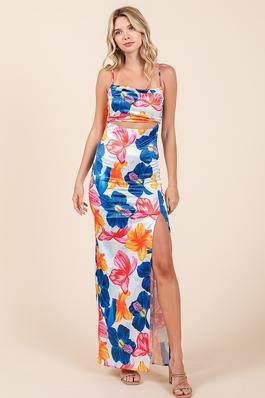 floral maxi dress with cut out and slit on a side