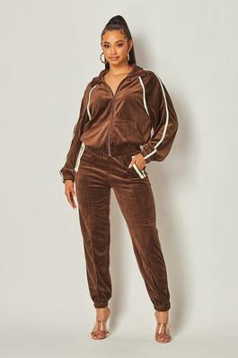 Solid color Velour Tracksuit with Contrast Piping