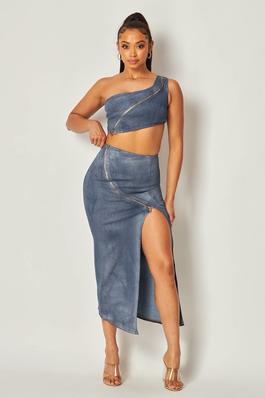 Denim Asymmetrical Skirt and Crop Top Set