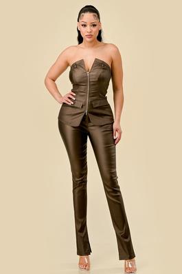 Chic Faux Leather Strapless Top and Pants Set