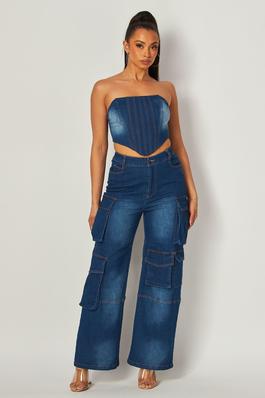Denim Cargo Strapless Top and Wide-Leg Pants Set