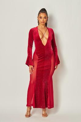 shiny Velvet and Mesh Maxi Dress with back lace up