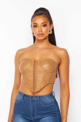 PU Corset Bustier Crop top with hook and eye front