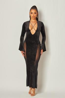 shiny Velvet and Mesh Maxi Dress with back lace up
