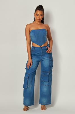 Denim Cargo Strapless Top and Wide-Leg Pants Set