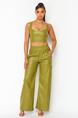 PU bustier with cargo pants matching two pcs set