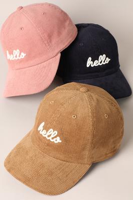 hello 3 Dimensional Letter Embroidery Corduroy Cap