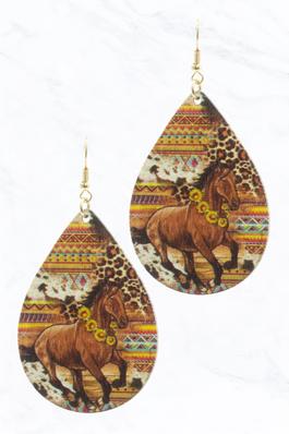 Horse Print Wooden Teardrop Earrings