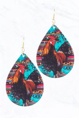 Rooster Wooden Teardrop Earrings