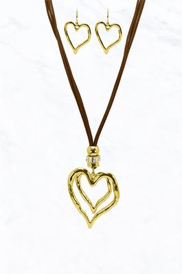 Metal Double Heart Charm Cord Necklace Set