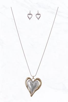 Two Tone Metal Heart Pendant Long Necklace