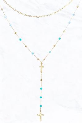 Two Layered Chain Glass Bead Cross Necklace 