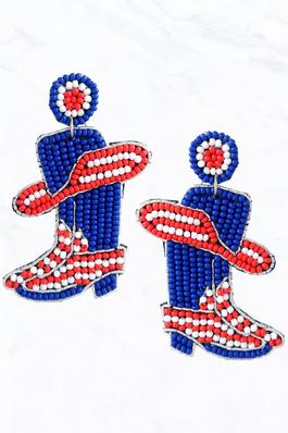 Patriotic Seed Bead Western Boots Dangle Earrings