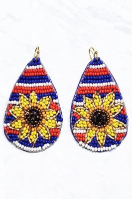 Patriotic Flag Sunflower Seed Bead Dangle Earrings
