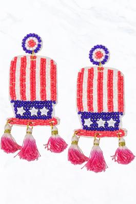 Beaded Patriotic USA Hat, Tassel Dangle Earrings
