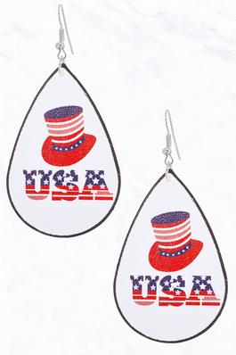 American Flag Pattern Ballons Hat Leather Earrings