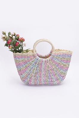 Faux Straw Multi Color Round Handle Tote Bag