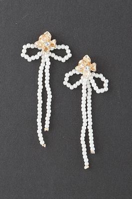 Shiny Bejeweled Flower Pearl Ribbon Earrings