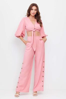 Puff sleeve and Wide leg button detail pant set