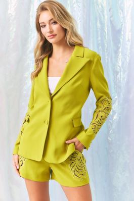 Woven blazer and shorts set embroidery cutout