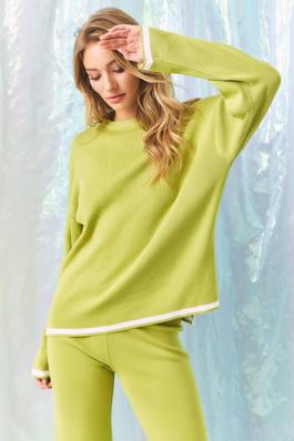 Knit long slv top and pants with contrast detail