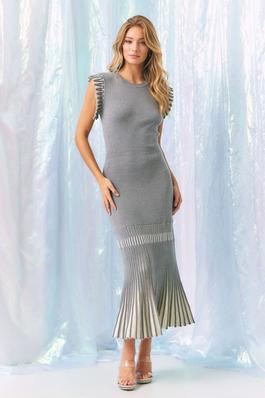 Knit Midi Dress With Contrast Pleated Skirt