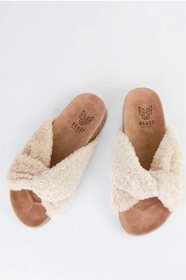 Beast Fashion Cork Sole Furry Knotted Sandals